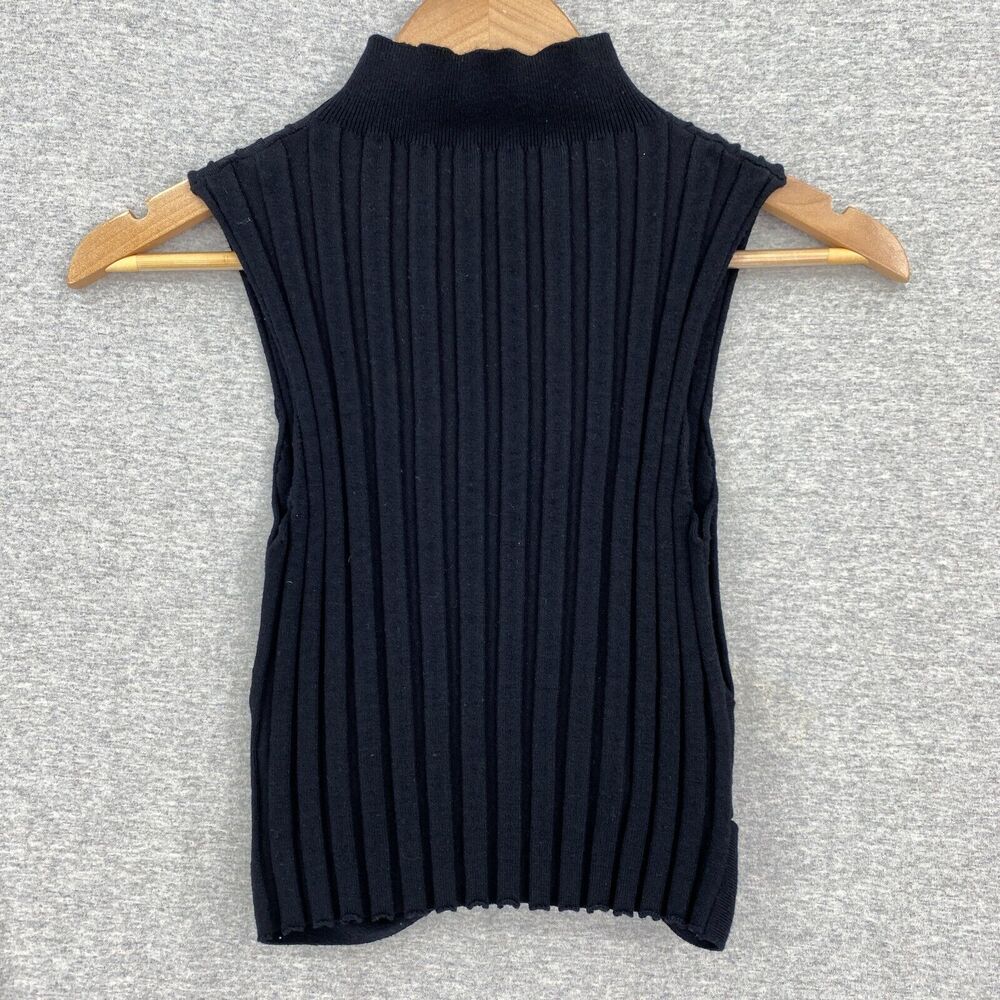 Ribbed Blouse Womens Medium Black Sleeveless Mock Collar Cut Out Back Hem